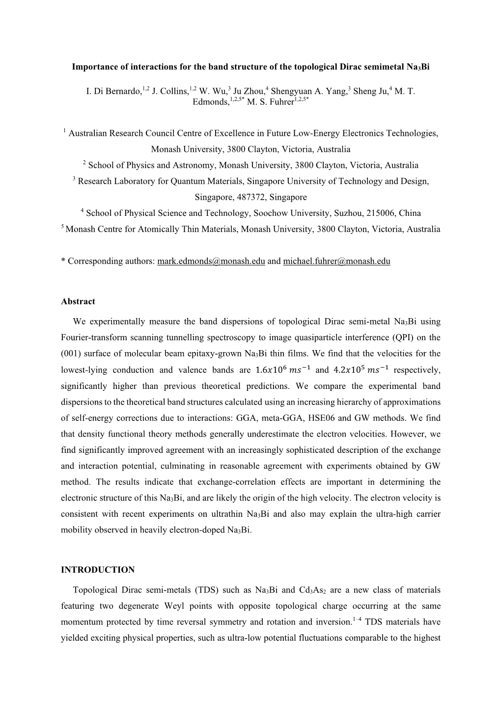 Importance of Interactions for the Band Structure of the Topological Dirac Semimetal Na3bi I. Di Bernardo,1,2 J. Collins,1,2 W