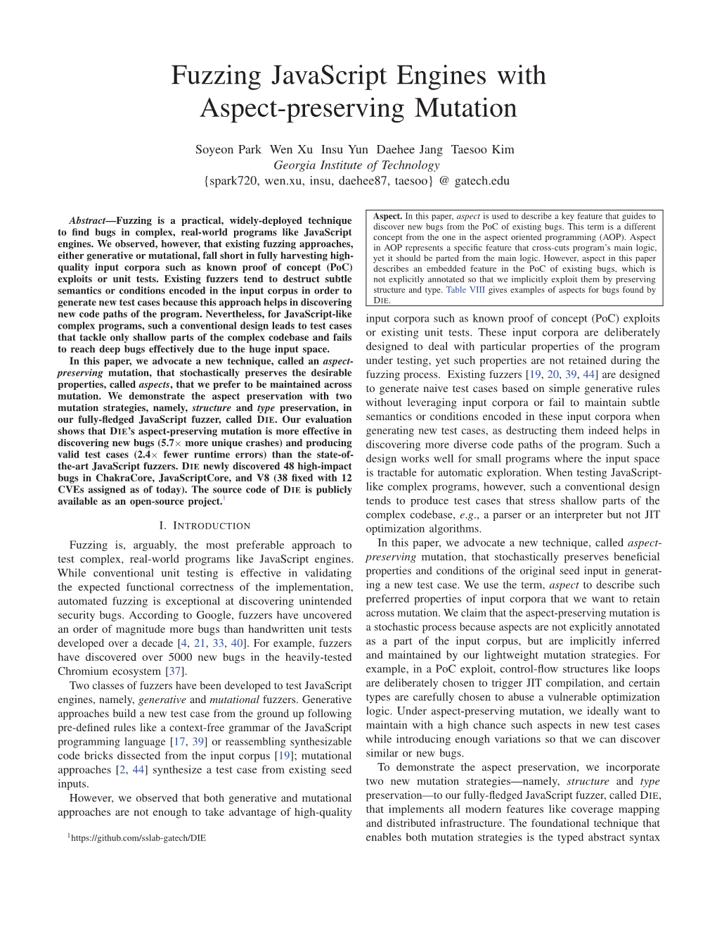 Fuzzing Javascript Engines with Aspect-Preserving Mutation