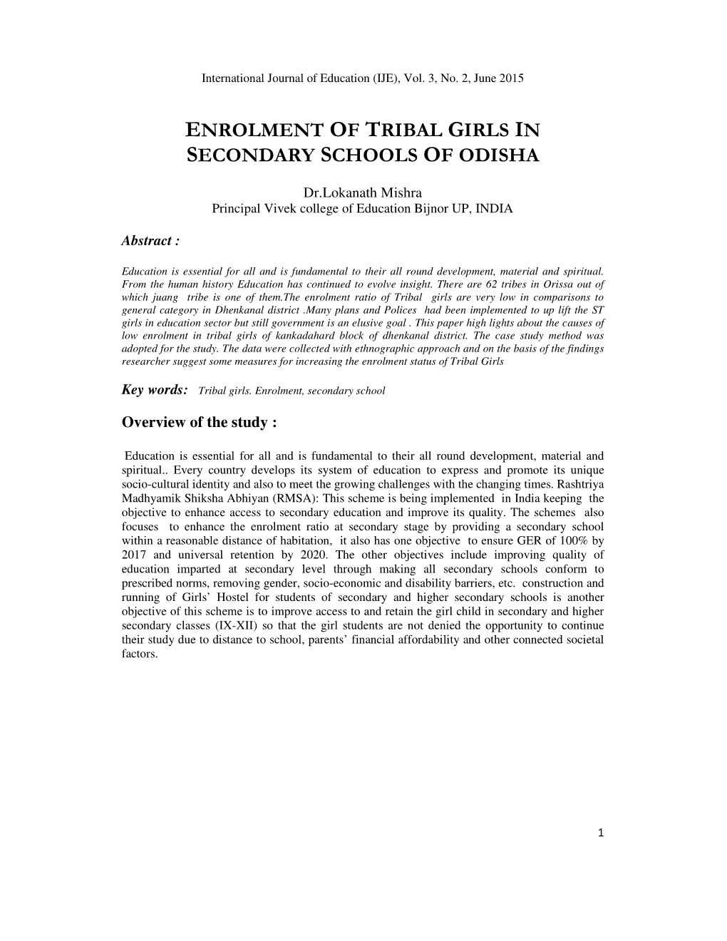 Enrolment of Tribal Girls in Secondary Schools of Odisha