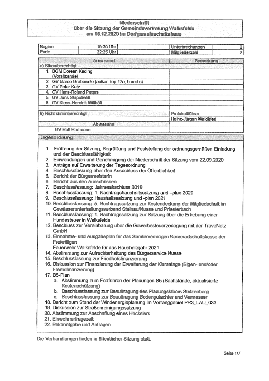 Gemeinde Walksfelde Für Des Haushaltsjahr 2019 Beglaubigter Auszug Aus Der Sitzungsniederschrift Der Gemeindevertretung Walksfelde Vom ______