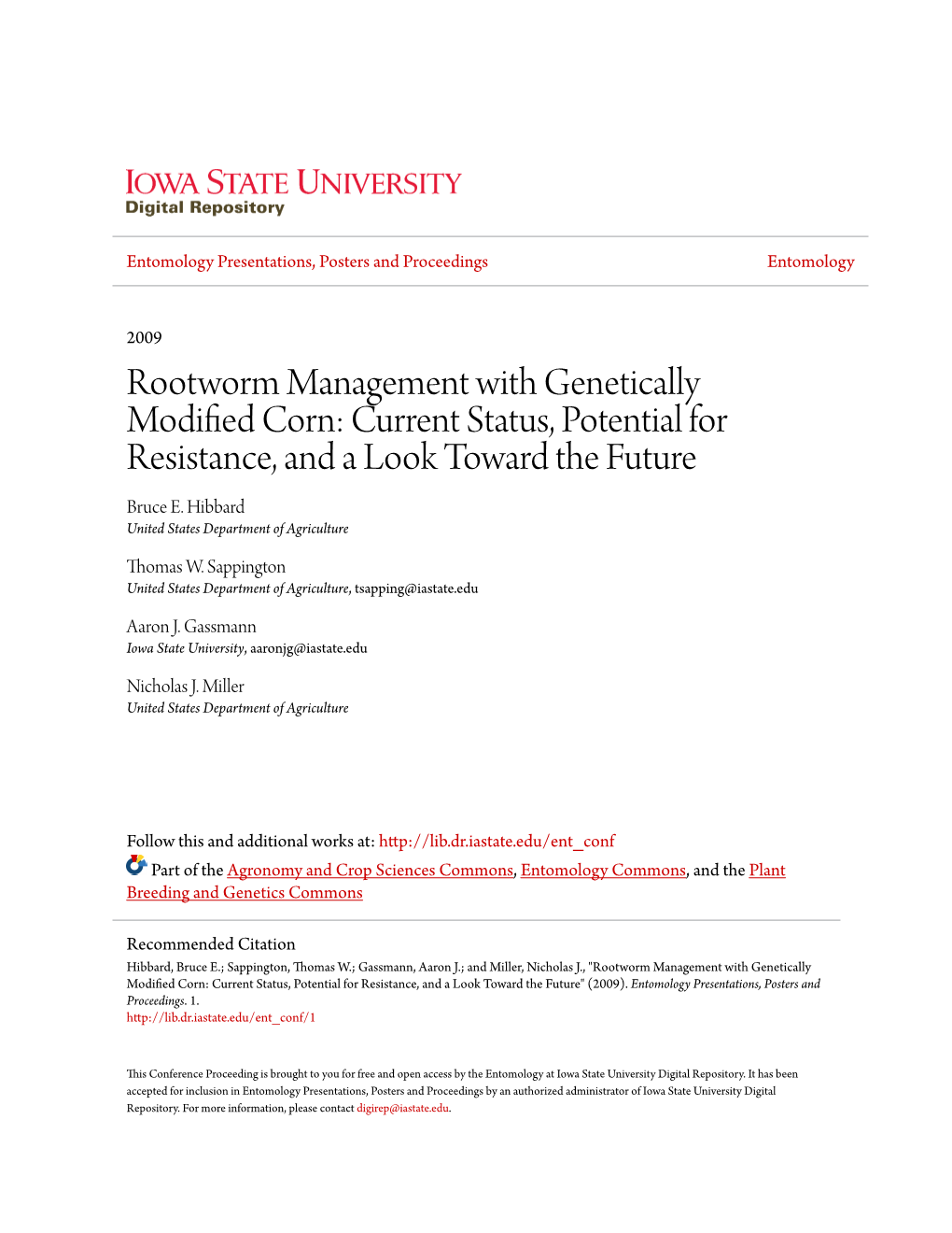 Rootworm Management with Genetically Modified Corn: Current Status, Potential for Resistance, and a Look Toward the Future" (2009)