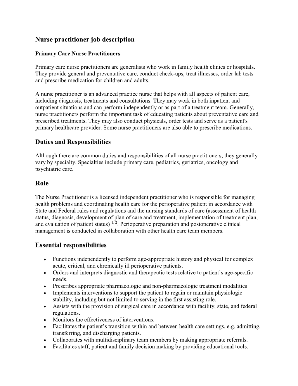 Nurse Practitioner Job Description Role Essential Responsibilities