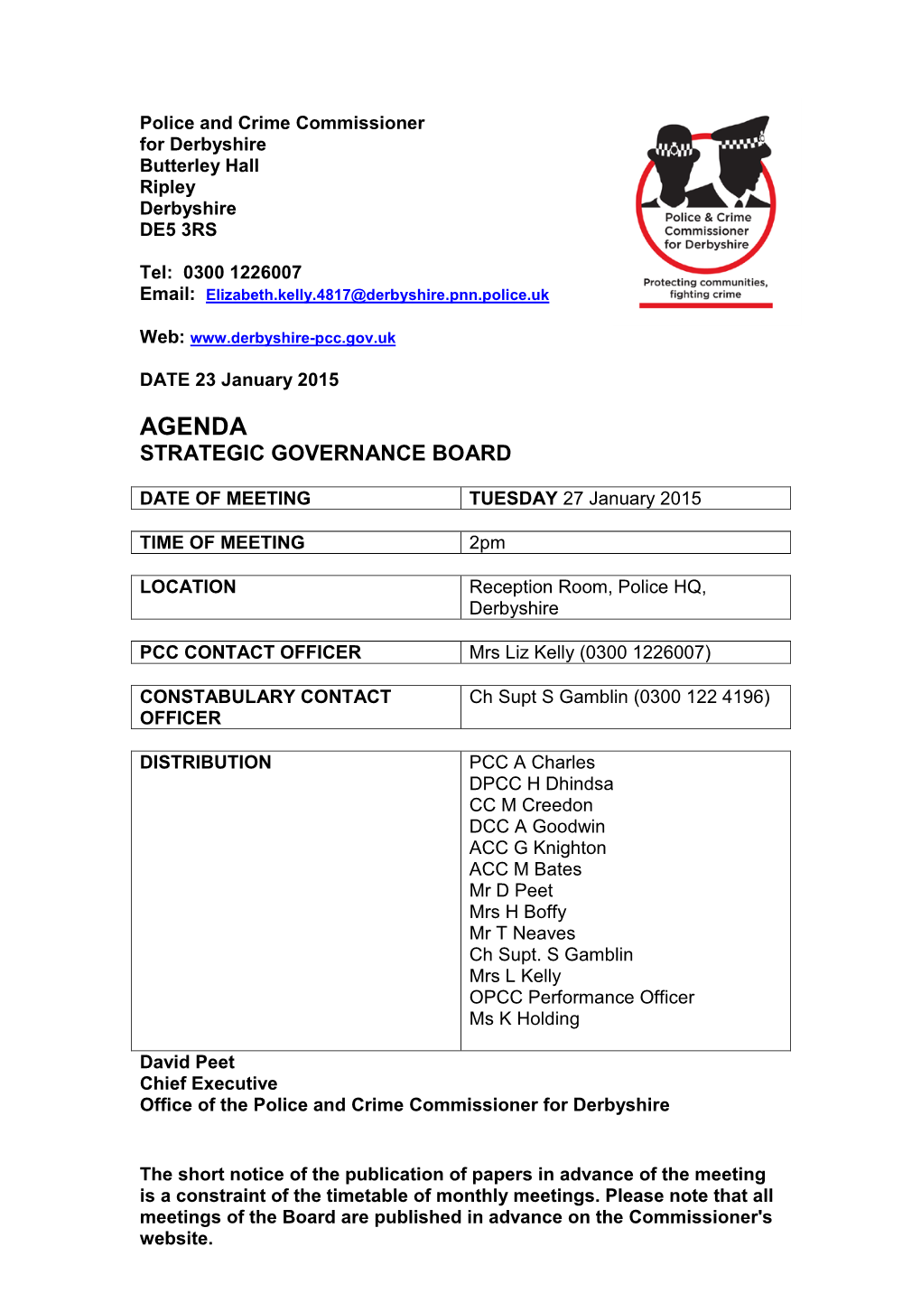 Agenda Strategic Governance Board