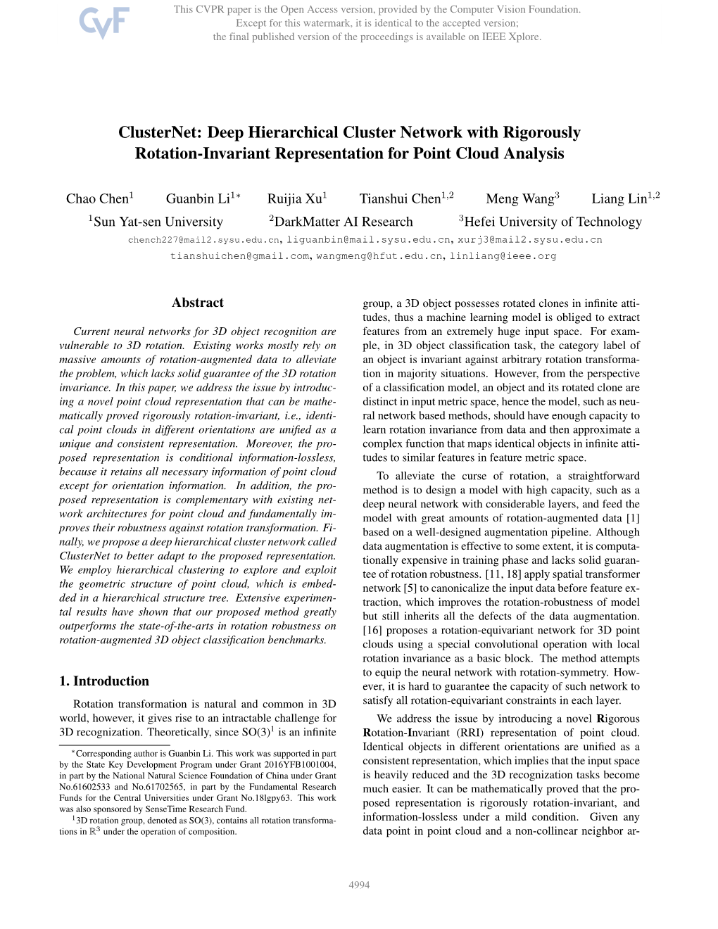 Clusternet: Deep Hierarchical Cluster Network with Rigorously Rotation-Invariant Representation for Point Cloud Analysis