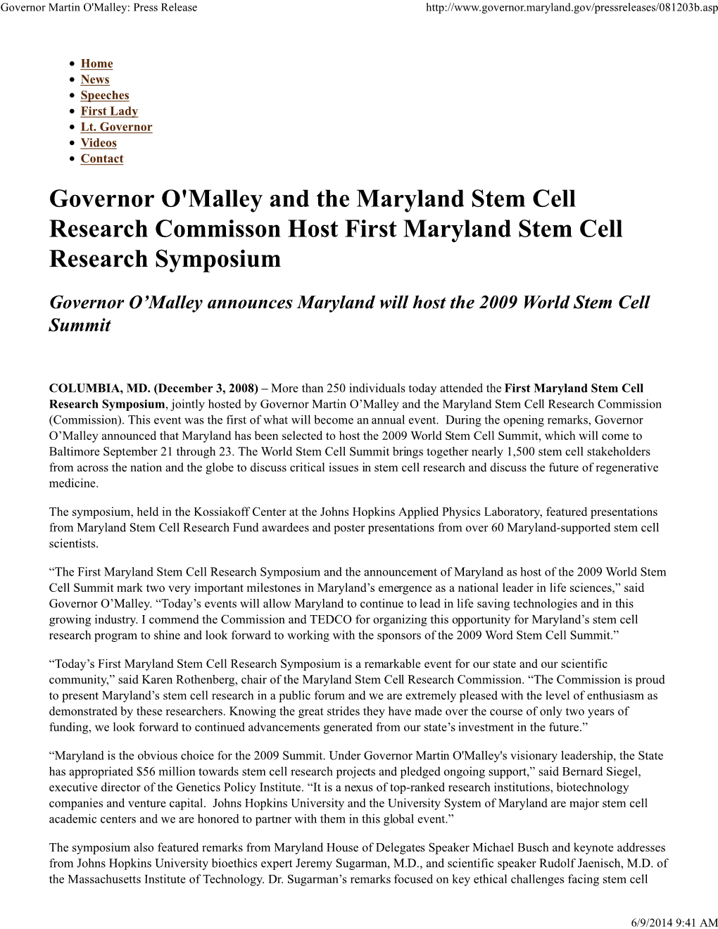 Governor Martin O'malley: Press Release