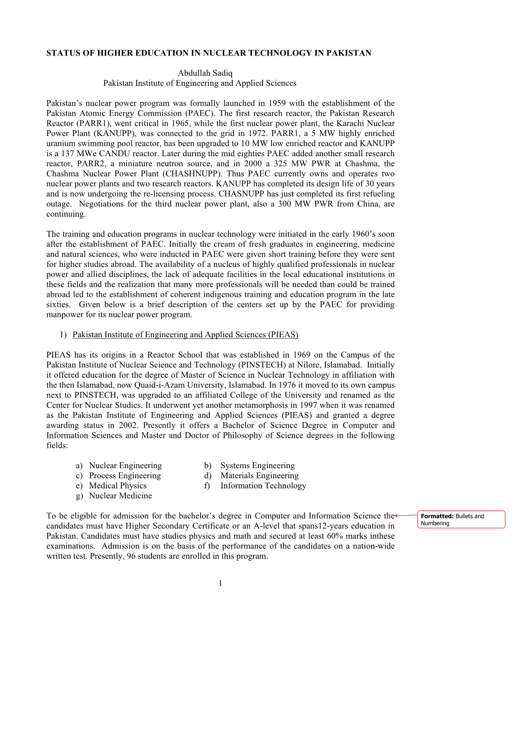 Higher Education in Nuclear Technology in Pakistan