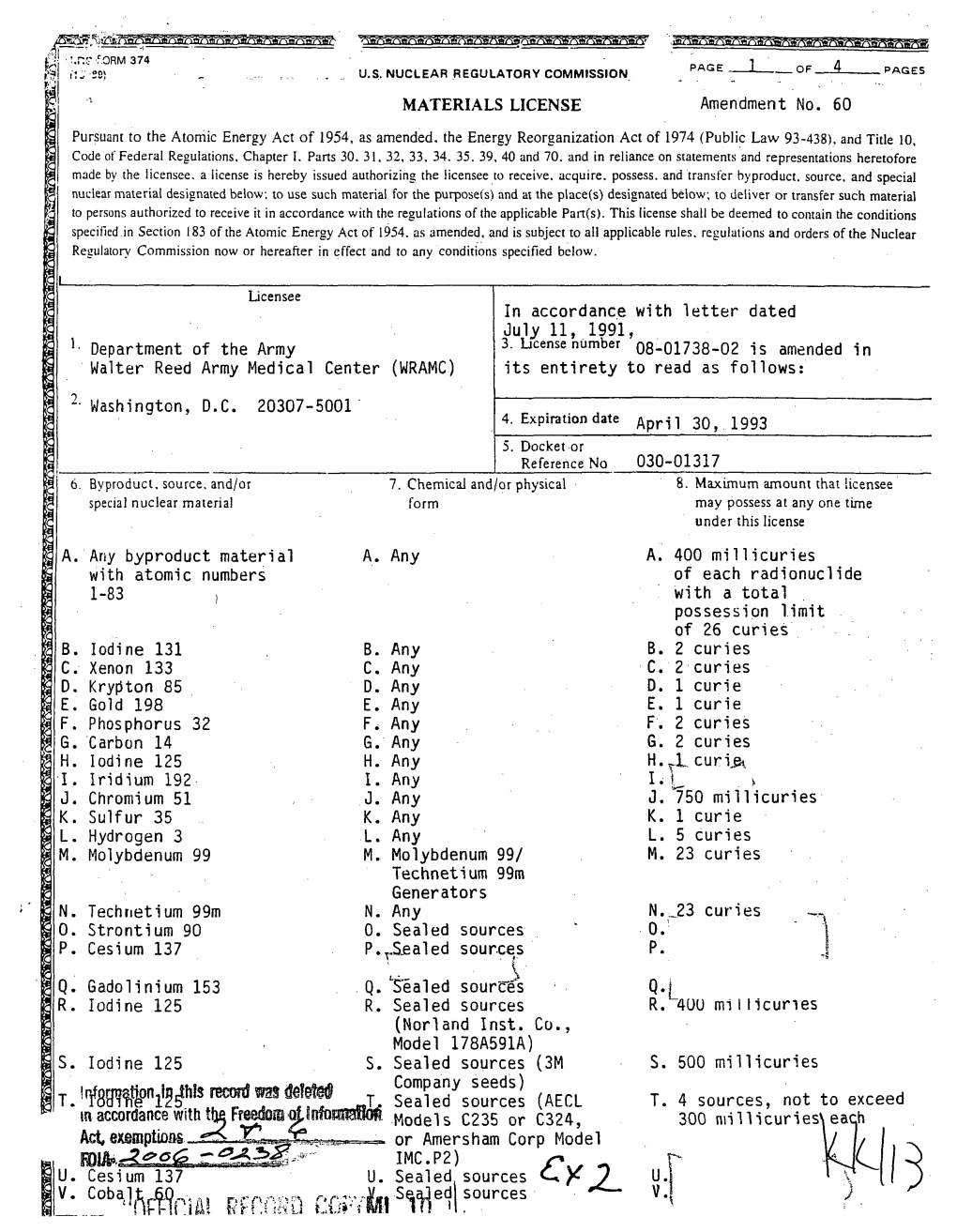 Matls License Package for Amend 60 to License 08-01738-02 for Dept Of