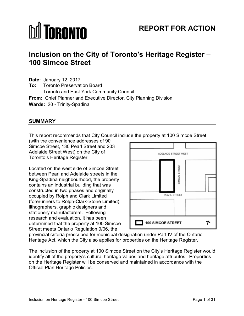 Inclusion on the City of Toronto's Heritage Register – 100 Simcoe Street