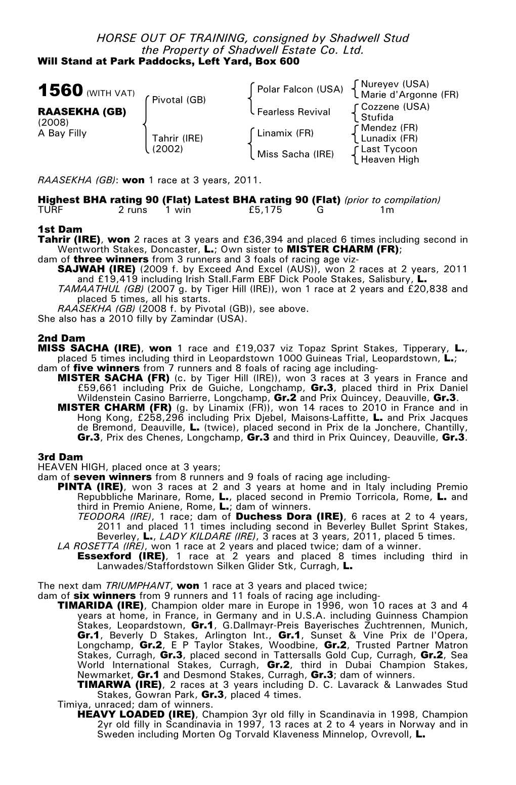 HORSE out of TRAINING, Consigned by Shadwell Stud the Property of Shadwell Estate Co