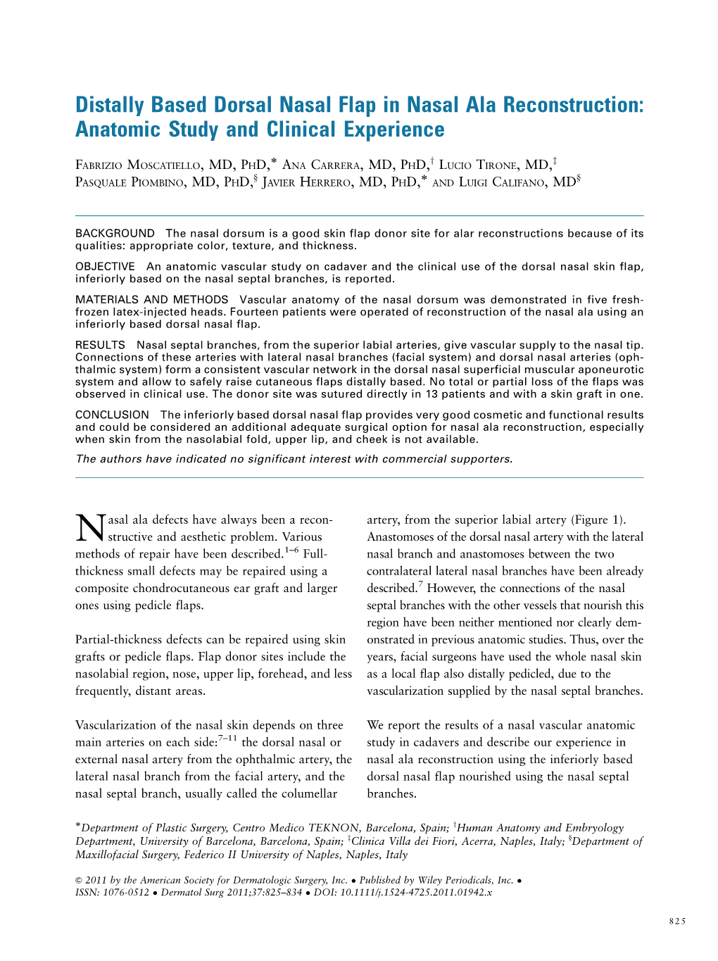 Distally Based Dorsal Nasal Flap in Nasal Ala Reconstruction: Anatomic Study and Clinical Experience