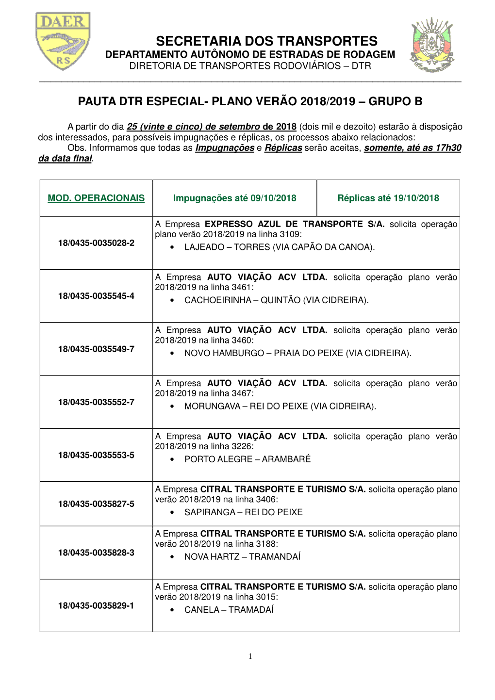 Secretaria Dos Transportes Departamento Autônomo De Estradas De Rodagem Diretoria De Transportes Rodoviários – Dtr ______