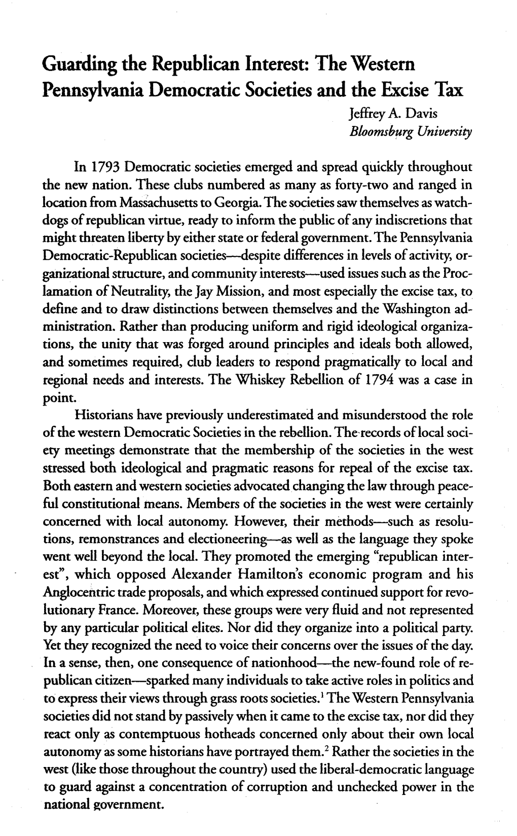 Guarding the Republican Interest: the Western Pennsylvania Democratic Societies and the Excise Tax Jeffrey A