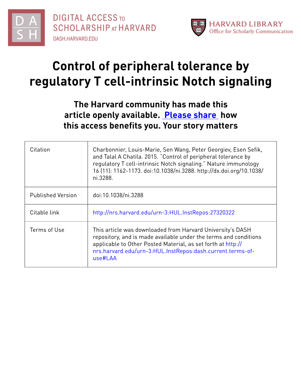 Control of Peripheral Tolerance by Regulatory T Cell-Intrinsic Notch Signaling