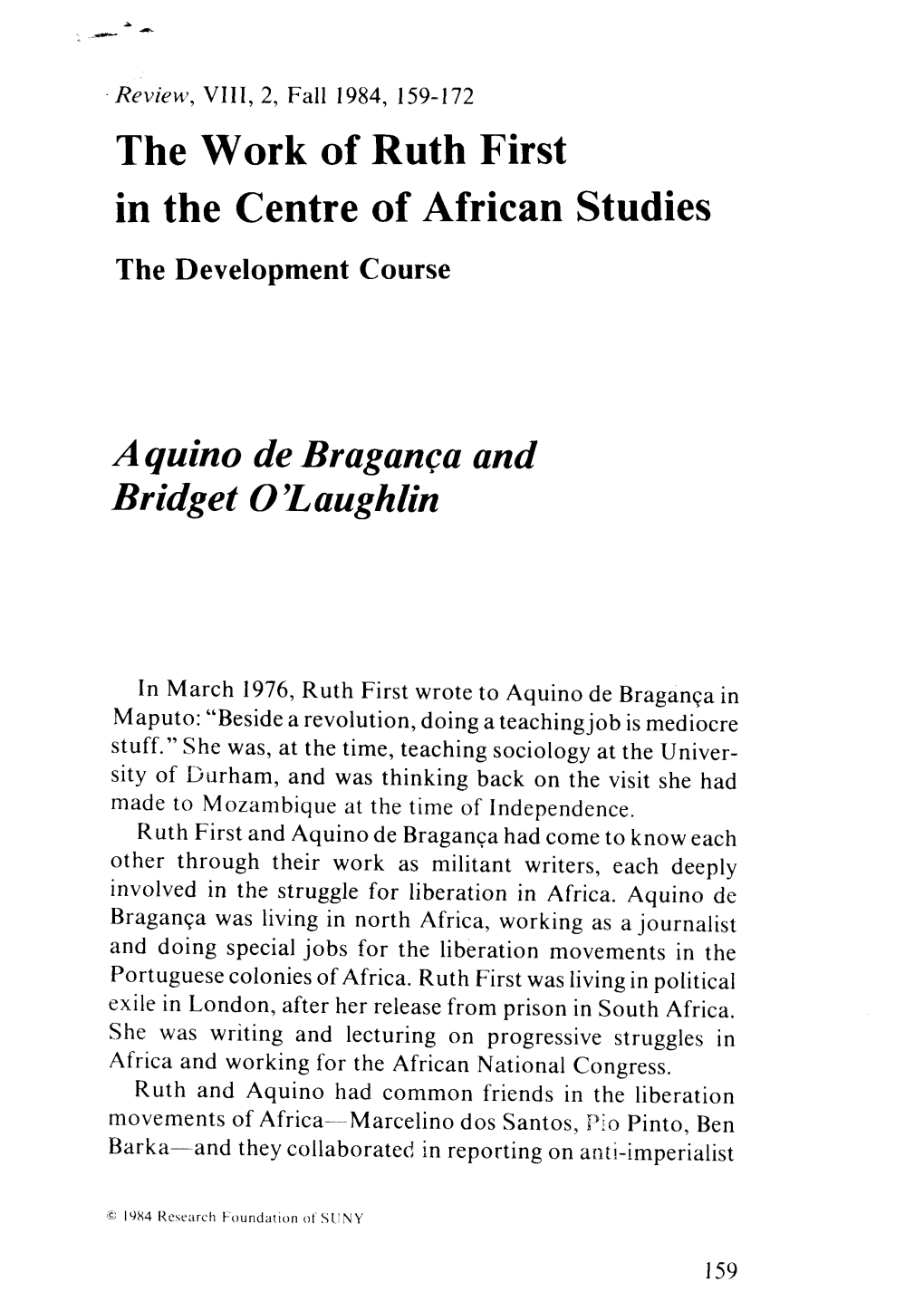 The Work of Ruth First in the Centre of African Studies