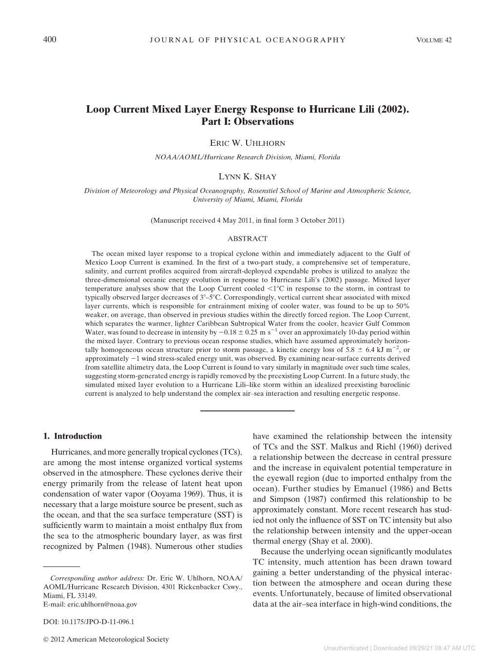 Loop Current Mixed Layer Energy Response to Hurricane Lili (2002)