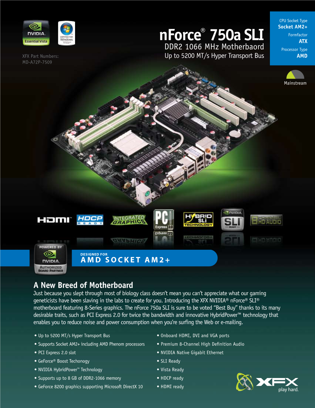 Nforce® 750A SLI DDR2 1066 Mhz Motherbaord up to 5200 MT/S Hyper Transport Bus