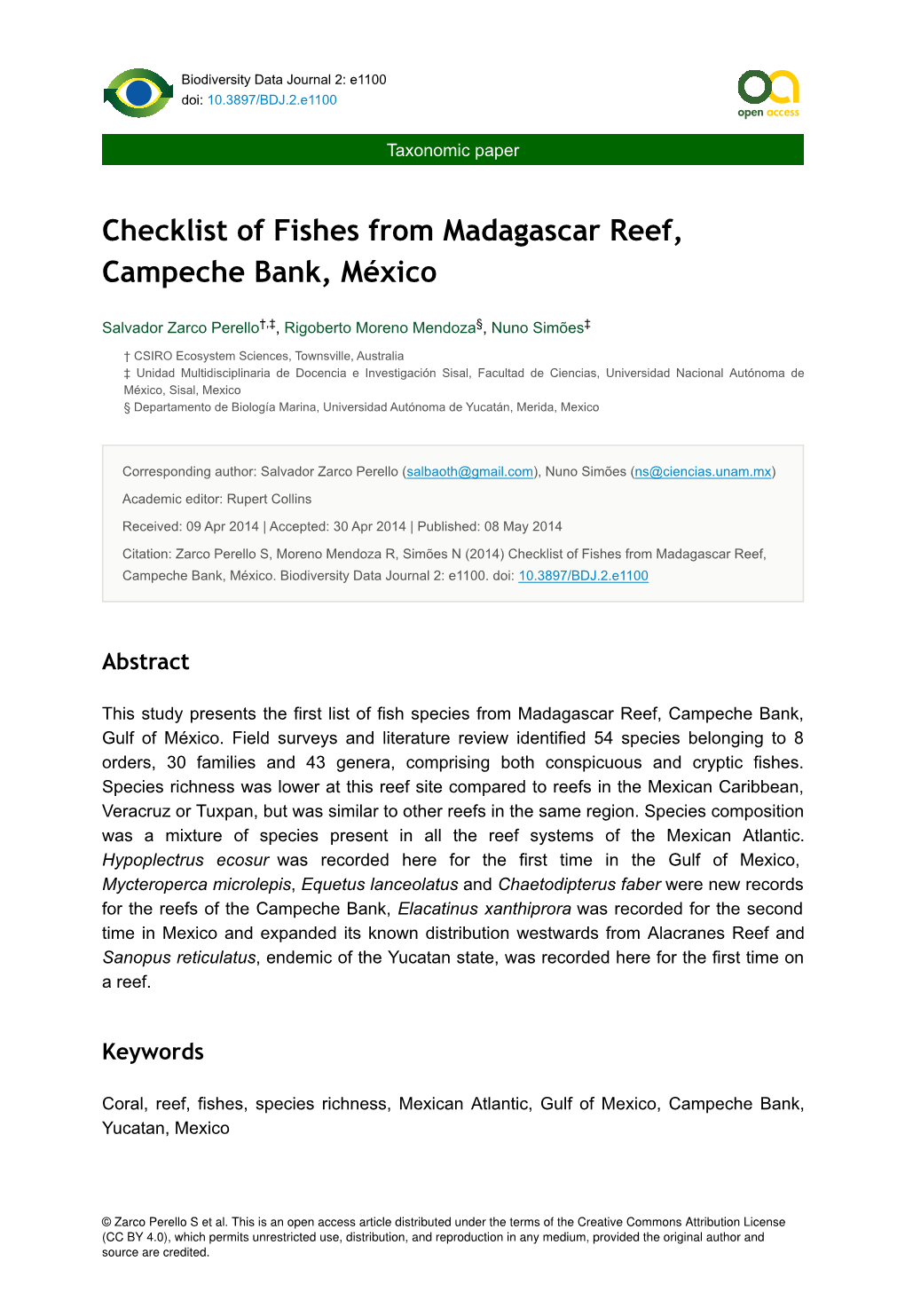 Checklist of Fishes from Madagascar Reef, Campeche Bank, México