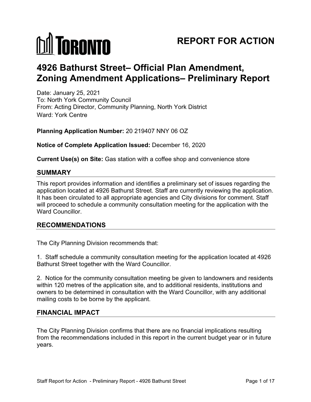 REPORT for ACTION 4926 Bathurst Street– Official Plan Amendment