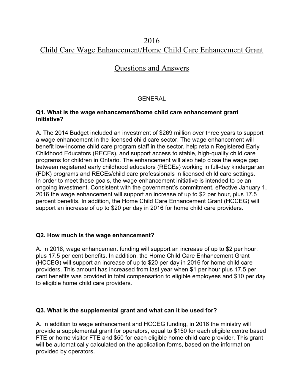 Child Care Wage Enhancement/Home Child Care Enhancement Grant