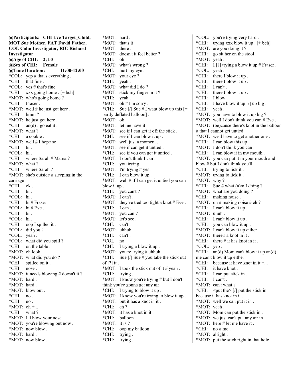 Participants: CHI Eve Target Child, MOT Sue Mother, FAT David Father, COL Colin Investigator