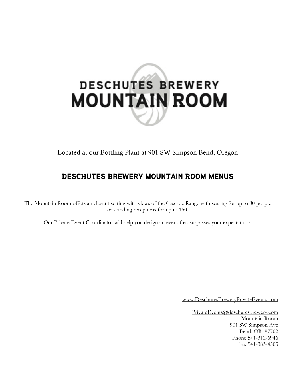 Deschutes Brewery Mountain Room Menus