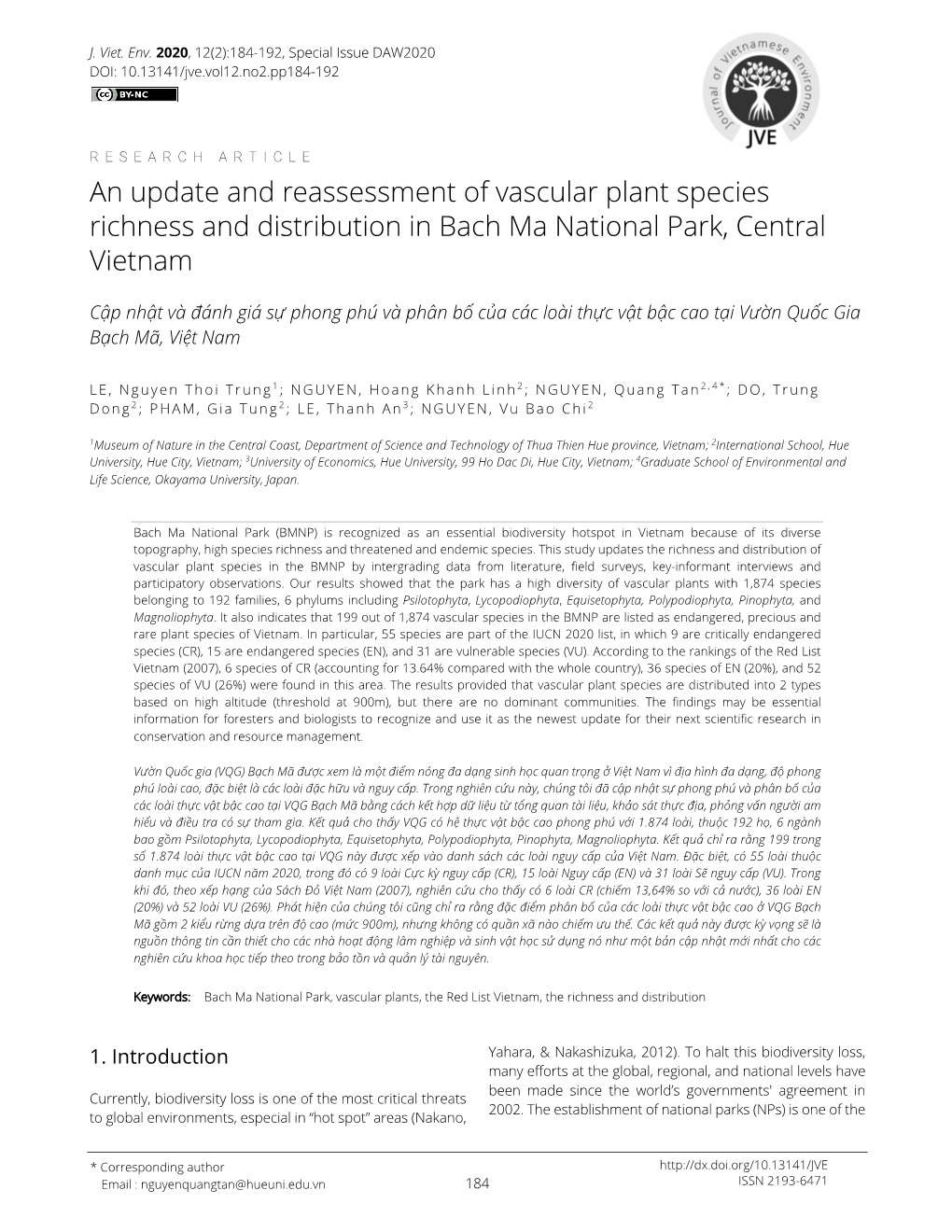 An Update and Reassessment of Vascular Plant Species Richness and Distribution in Bach Ma National Park, Central Vietnam