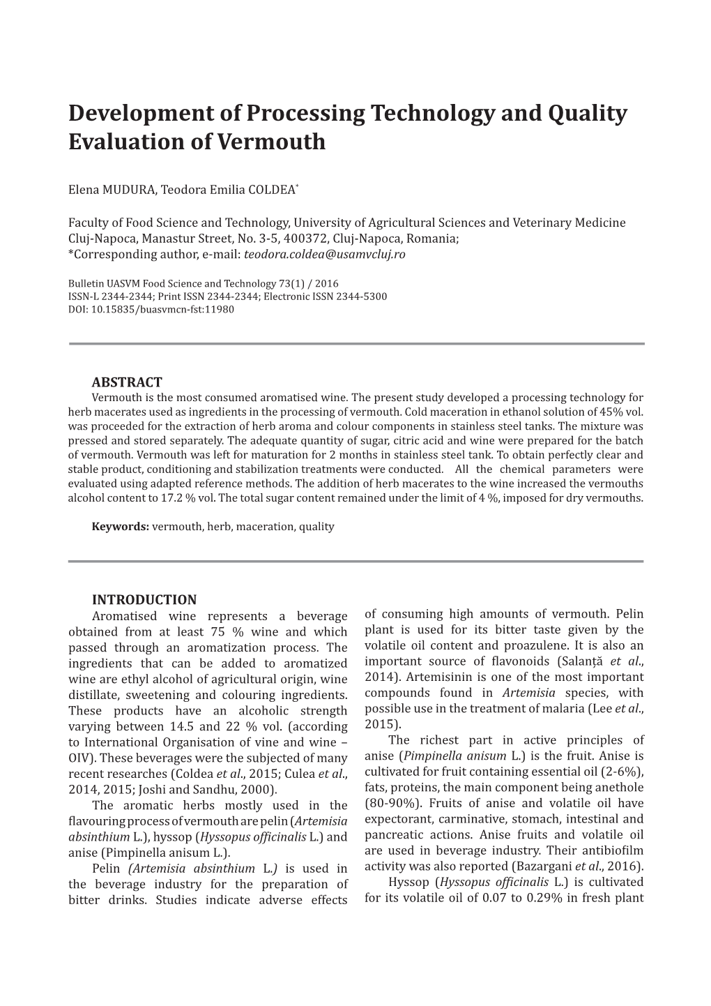 Development of Processing Technology and Quality Evaluation of Vermouth