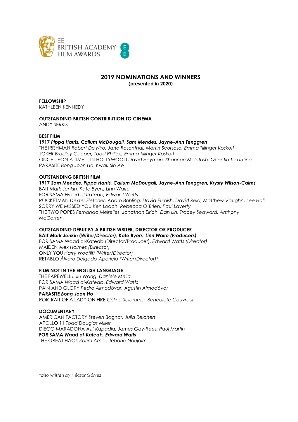 2019 NOMINATIONS and WINNERS (Presented in 2020)