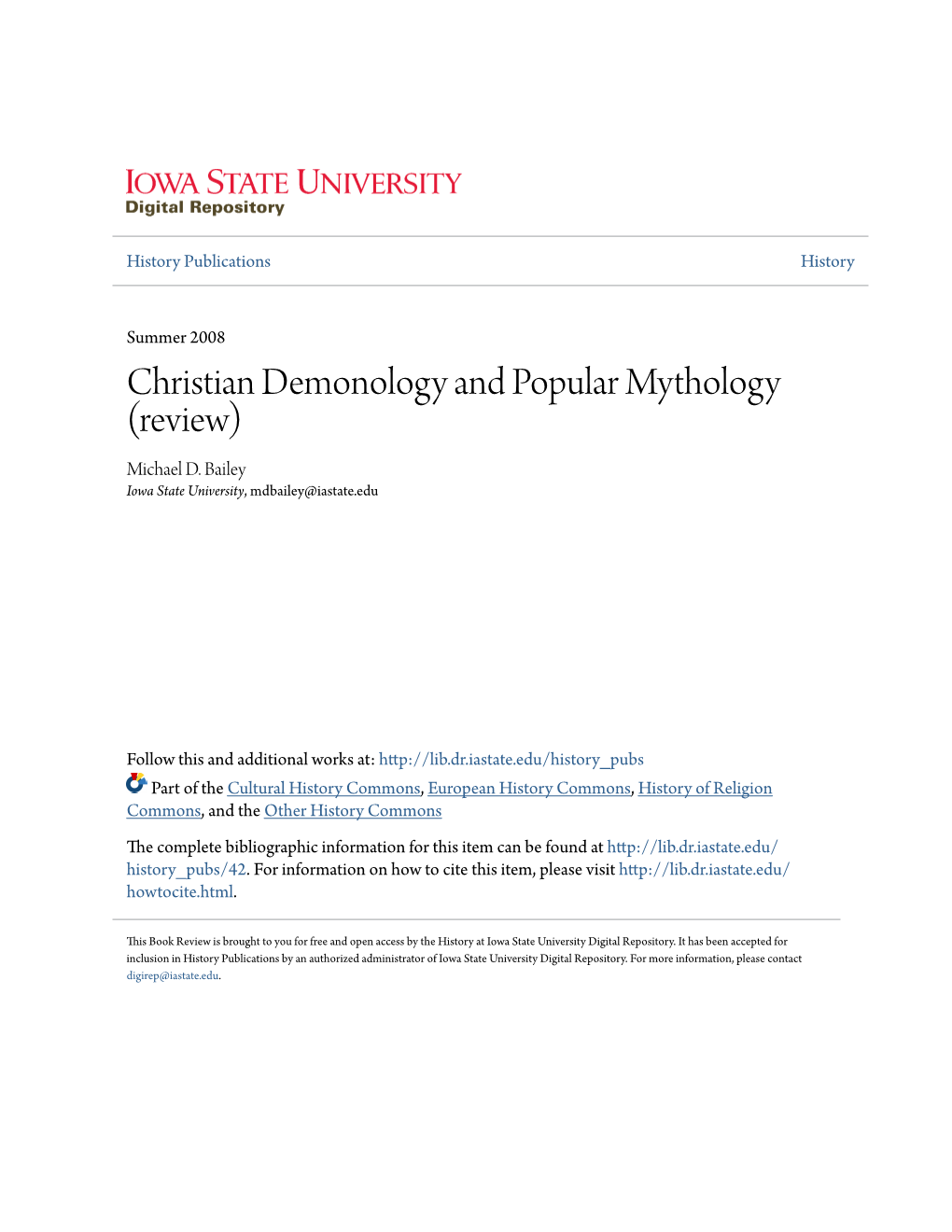 Christian Demonology and Popular Mythology (Review) Michael D