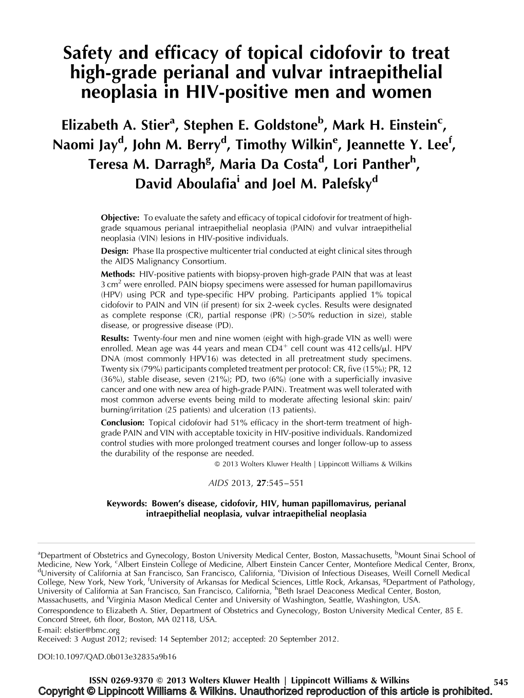 Safety and Efficacy of Topical Cidofovir to Treat High-Grade Perianal And