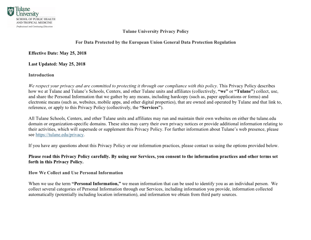 Tulane University Privacy Policy for Data Protected by the European