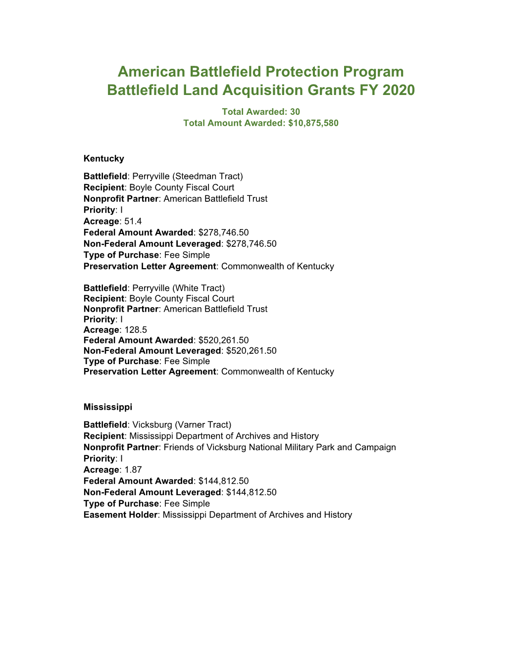 American Battlefield Protection Program Battlefield Land Acquisition Grants FY 2020