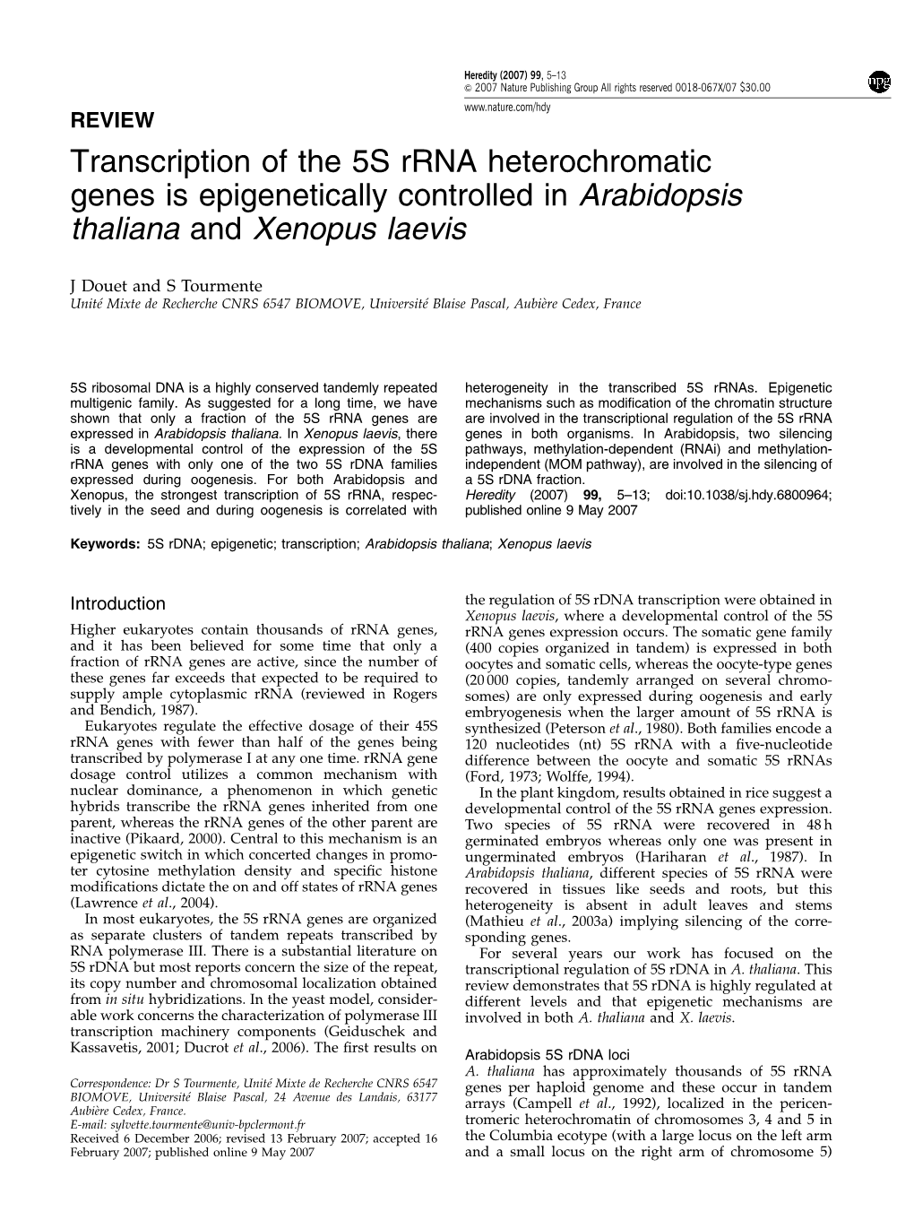 Transcription of the 5S Rrna Heterochromatic Genes Is Epigenetically Controlled in Arabidopsis Thaliana and Xenopus Laevis