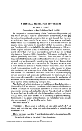 A MINIMAL MODEL for SET THEORY in the Proof of The