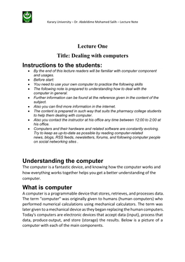 Instructions to the Students: Understanding the Computer What