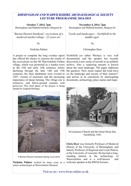 Birmingham and Warwickshire Archaeological Society Lecture Programme 2014-2015