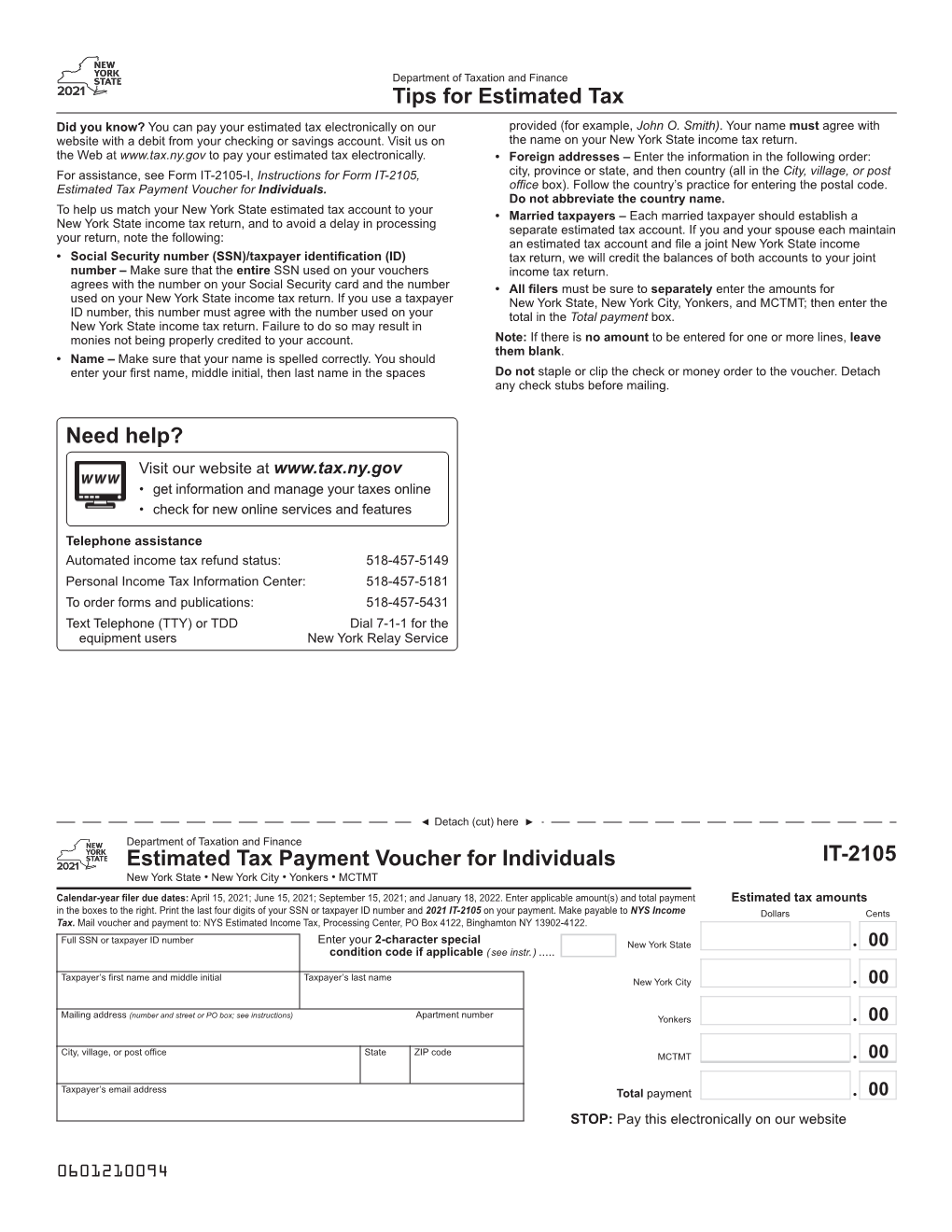 Form IT-2105, Estimated Income Tax Payment Voucher