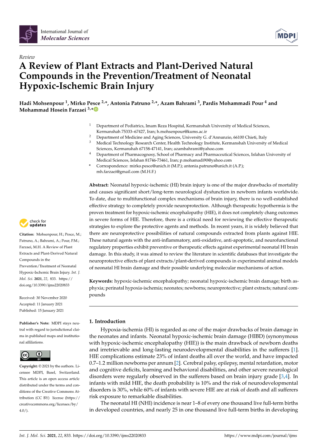 A Review of Plant Extracts and Plant-Derived Natural Compounds in the Prevention/Treatment of Neonatal Hypoxic-Ischemic Brain Injury