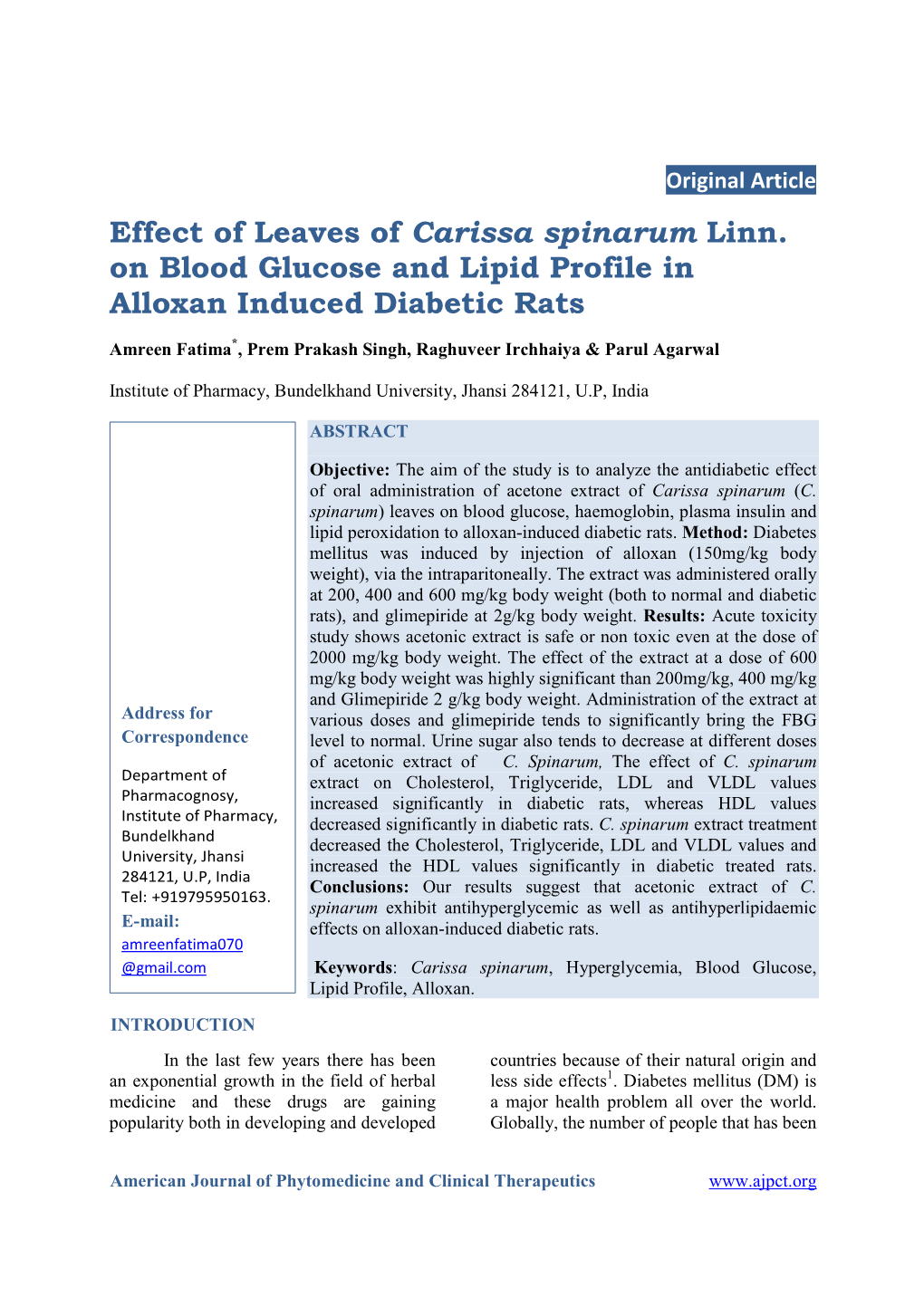 Effect of Leaves of Carissa Spinarum Linn. on Blood Glucose and Lipid Profile in Alloxan Induced Diabetic Rats