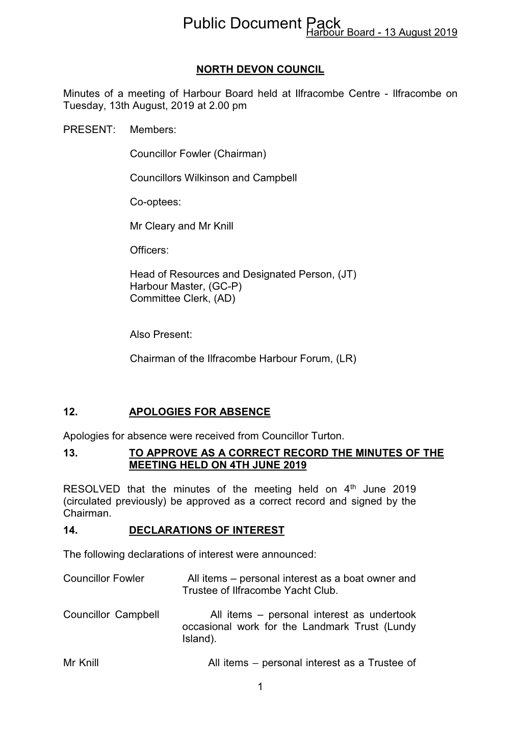 (Public Pack)Minutes Document for Harbour Board, 13/08/2019 14:00