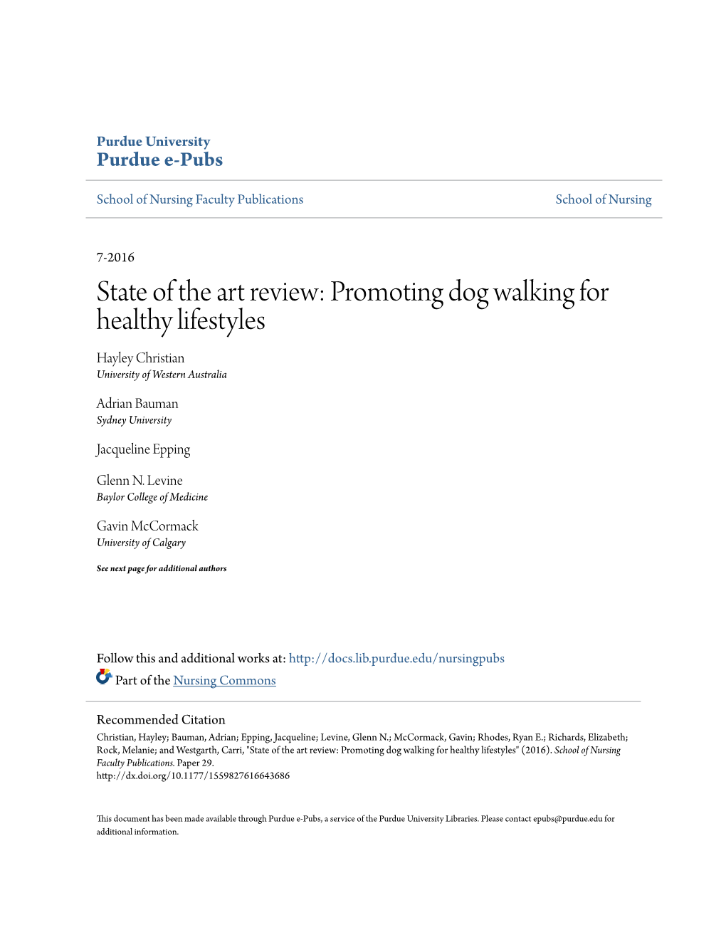 State of the Art Review: Promoting Dog Walking for Healthy Lifestyles Hayley Christian University of Western Australia