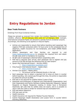 Entry Regulations to Jordan