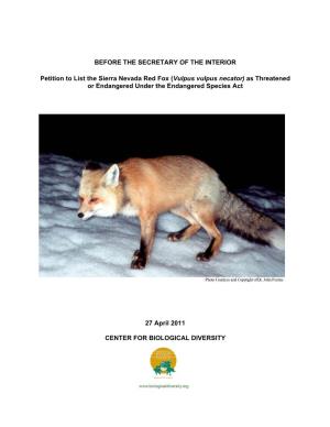Sierra Nevada Red Fox (Vulpus Vulpus Necator) As Threatened Or Endangered Under the Endangered Species Act