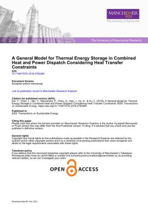 A General Model for Thermal Energy Storage in Combined Heat and Power Dispatch Considering Heat Transfer Constraints DOI: 10.1109/TSTE.2018.2793360