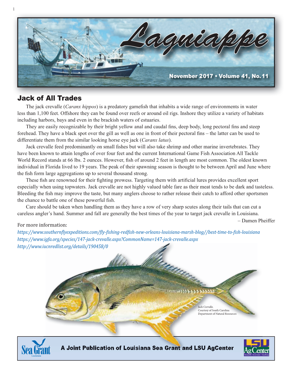 Jack of All Trades the Jack Crevalle (Caranx Hippos) Is a Predatory Gamefish That Inhabits a Wide Range of Environments in Water Less Than 1,100 Feet
