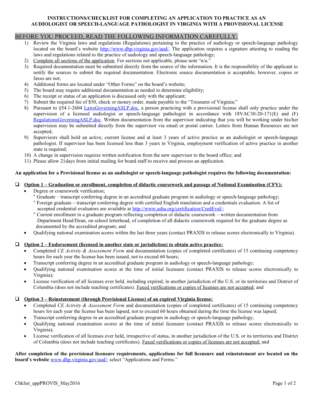 Instructions/Checklist for Completing an Application to Practice As An s1