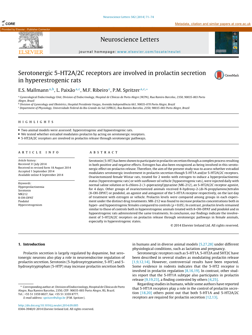 Serotonergic 5-HT2A/2C Receptors Are Involved in Prolactin Secretion in Hyperestrogenic Rats