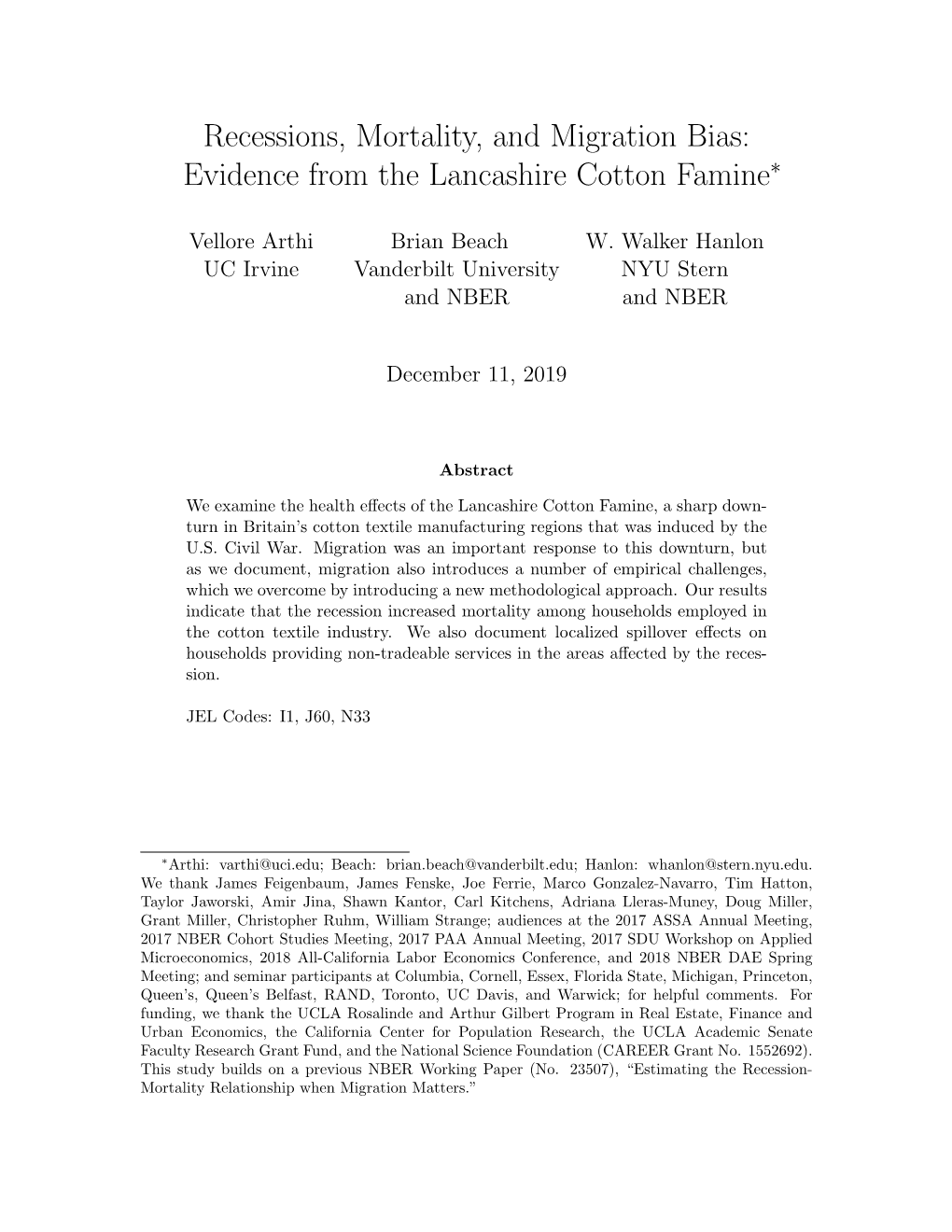 Recessions, Mortality, and Migration Bias: Evidence from the Lancashire Cotton Famine∗