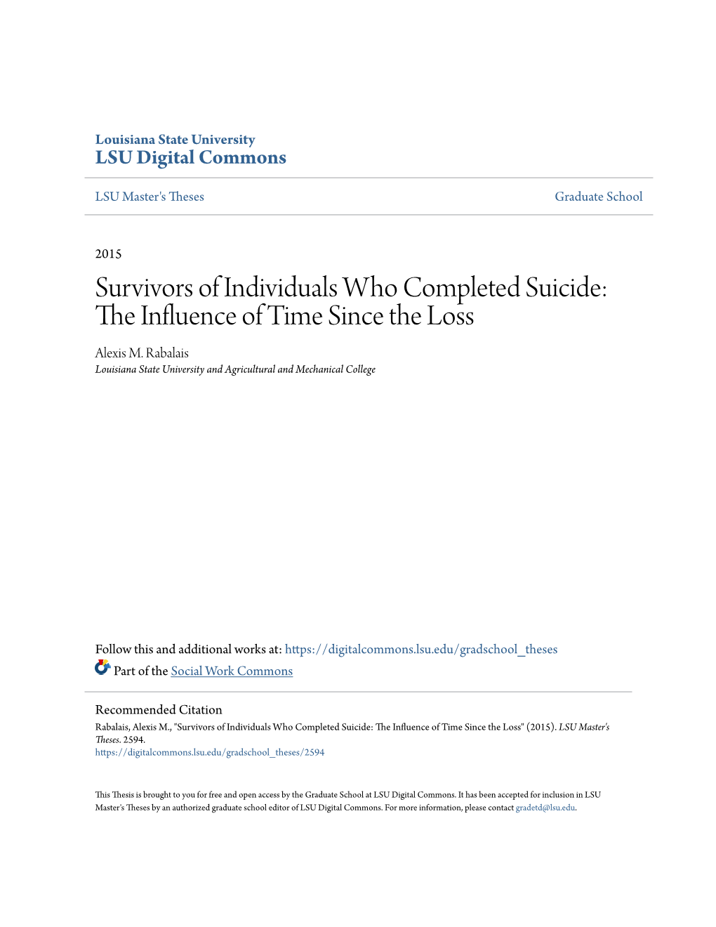 Survivors of Individuals Who Completed Suicide: the Nfluei Nce of Time Since the Loss Alexis M