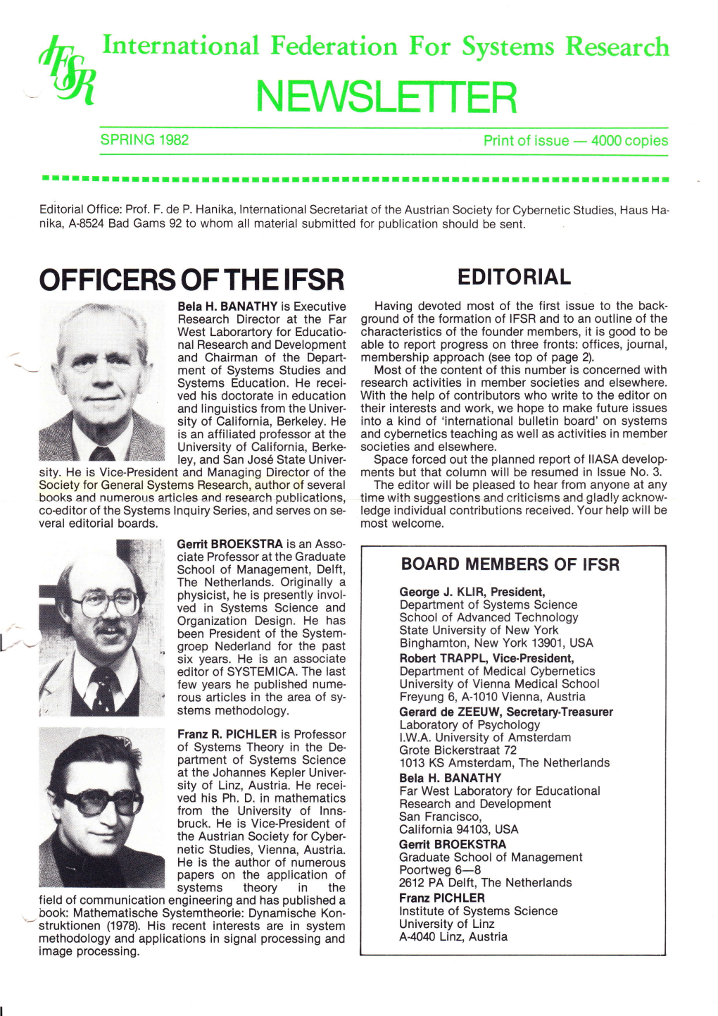 NEWSLETTER SPRING 1982 Print of Issue - 4000 Copies